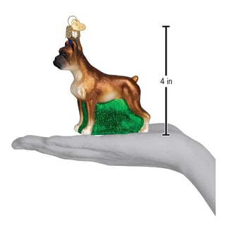 Boxer Ornament: brown glittered dog on green glitter base, 4 in tall with a gold hanging tag