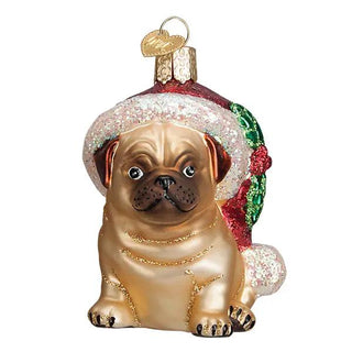 Pug Christmas ornament with glittery holly hat and gold-tone finish