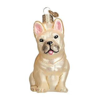 French Bulldog Ornament, cream ceramic with pink ears, glitter specks on chest, gold hanging loop and heart tag.