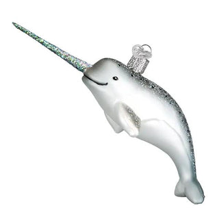 Narwhal ornament with iridescent glitter horn and silver body, hanging loop