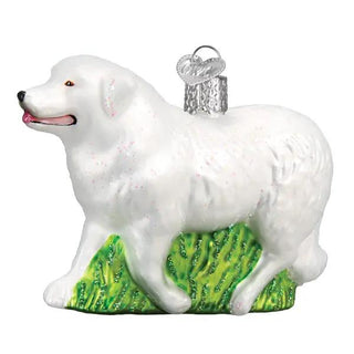 Great Pyrenees Ornament, white dog on green base with hanging loop