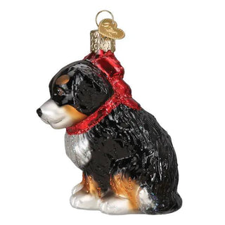Bernedoodle puppy ornament, glass with black coat, white chest, tan legs and red scarf