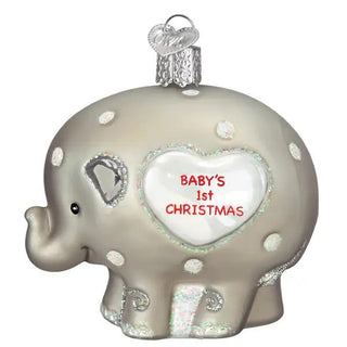Baby's 1st Elephant Ornament, beige glass elephant with glittery heart panel and silver hanger