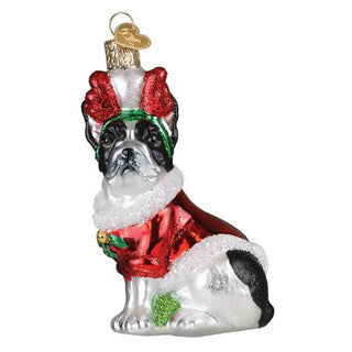 Holiday French Bulldog ornament in glittery red Santa suit with white fur trim.