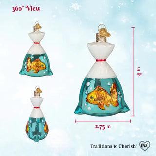 Goldfish in a Bag Ornament, turquoise glass bag with a goldfish inside and white top; 4 in tall, 2.75 in wide.