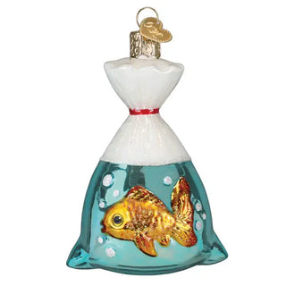 Goldfish in a Bag ornament, teal bag with goldfish, white top, red belt, holiday decor
