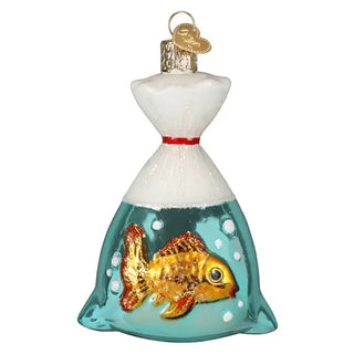 Goldfish In A Bag Ornament, turquoise water and a red neckband.