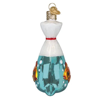 Goldfish in a Bag Ornament, turquoise bag with white top and red ribbon, two goldfish on sides, glass holiday ornament