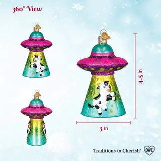 Cow Abduction Ornament, glittery turquoise UFO with pink saucer, 4.5 inches tall