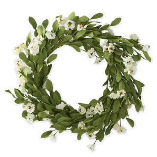 Cream dianthus wreath, 22 inches, green foliage with white blooms