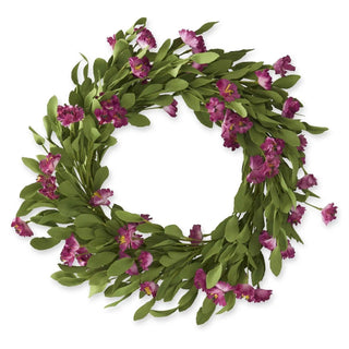 Purple dianthus wreath with green foliage, 22-inch diameter