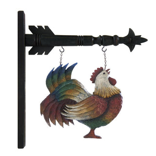 Rooster arrow replacement decorative sign; multicolored rooster figure suspended from a black signpost arm