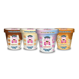 Puppy Scoops Ice Cream Mix for Dogs four-tub set in brown, cream, lavender and orange