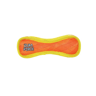 DuraForce Jr bone dog toy in orange with yellow trim and embroidered DURA FORCE text
