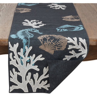 Sea Design Runner rug; navy with white coral and tan seashell motifs