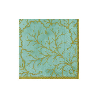Cocktail napkin with gilded majolica saltwater design in teal and gold coral pattern with glitter border.