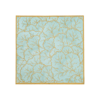 Cocktail napkin with turquoise background, gold gilded coral pattern, and gold border.