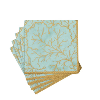 Cocktail napkins in seafoam blue with gold foil coral pattern and border, set of 4