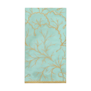 Guest towel napkin in turquoise with gold gilded botanical pattern