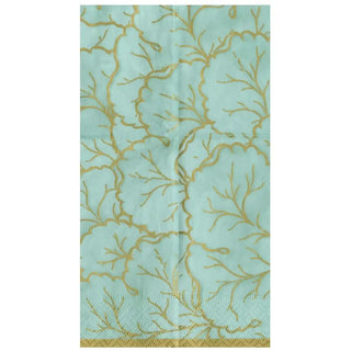 Guest towel napkin in turquoise with gilded majolica saltwater gold coral pattern and gold trim.
