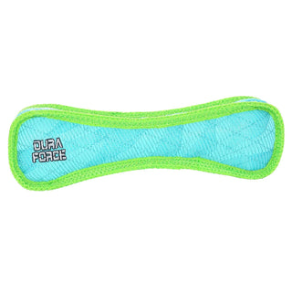 DuraForce Bone Tiger blue dog toy with neon green trim; durable and squeaky.