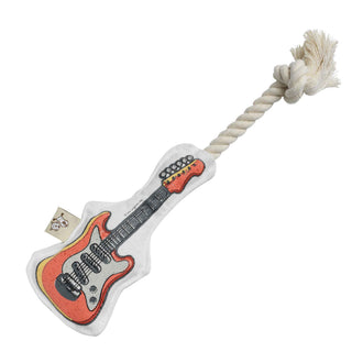 Guitar-shaped rope dog toy, white fabric with orange guitar print and natural cotton rope handle