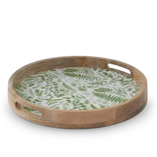 Fern enameled wood tray with green botanical interior, round natural wood with built-in side handles