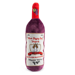 Cavalier Sauvignon Toy Squeaker Dog Toy, plush purple wine-bottle with red neck and embroidered label