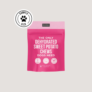 The Only Dehydrated Sweet Potato Chews for Dogs in a pink stand-up pouch with brand logo