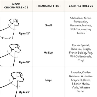 Garden Party dog bandana size chart with a line-drawn dog and neck measurements up to 13, 18, and 26 inches
