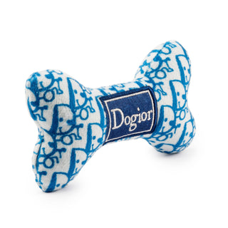 Dogior Bone dog toy in blue and white plush with logo patch