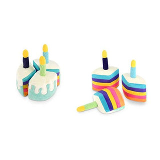 Dapper Party Time Collection Bone-appetit Cake dog toys, set of six colorful rainbow-layered cakes with candles
