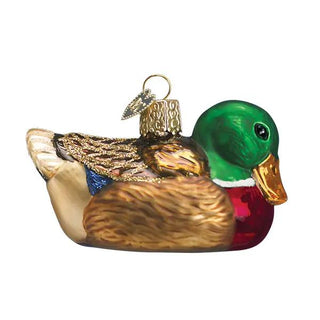 Mallard ornament, glass duck with green head, brown body, red chest, gold beak and hanging loop.