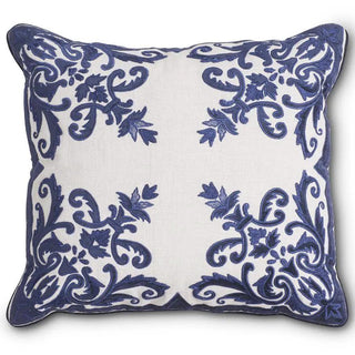 Pillow with royal blue velvet embroidery on cream linen and ornate damask border.