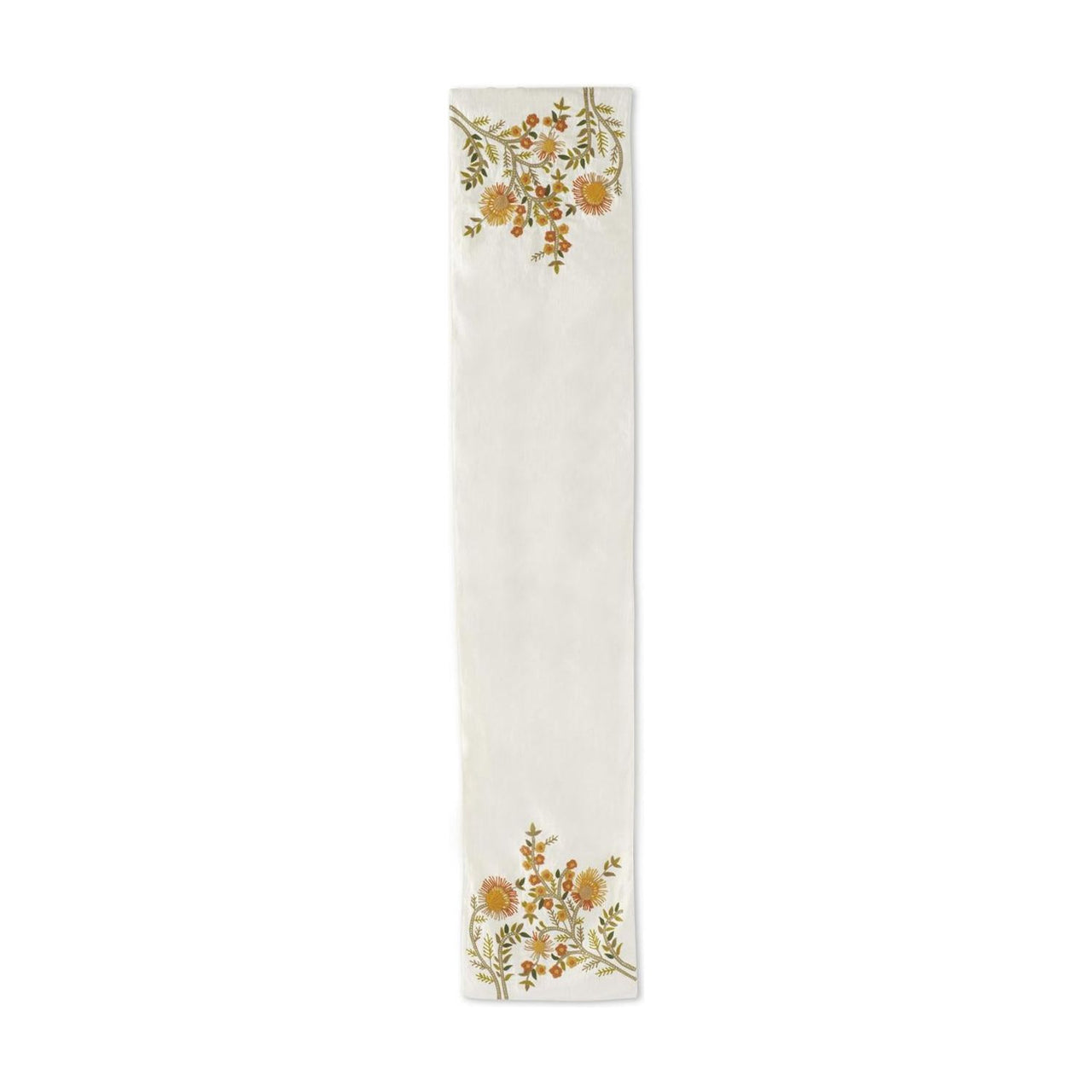 White Table Runner w/Yellow Embroidered Botanicals  K&K   