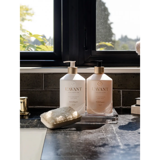 Two soap bottles with pump dispensers for dish soap and hand soap in ivory and blush, Blushed Bergamot scent