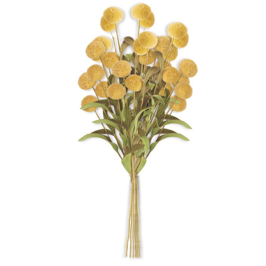 Pompom Pick w/ Green Leaves Artificial Flora K&K Yellow  