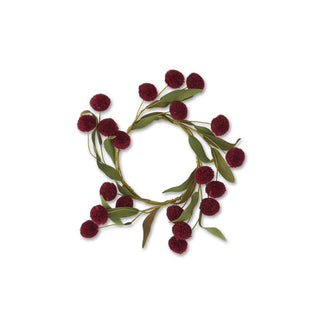 Pompom Candle Ring w/Green Eva Leaves 8.5" K&K Burgundy
