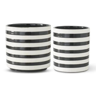Ceramic cylinder pots, black and white striped, set of two.