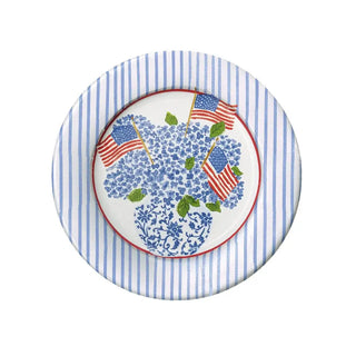 Set of two salad and dessert plates featuring a blue hydrangea motif with American flags and a blue striped border.
