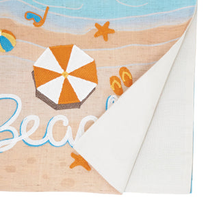 Beach Runner decorative textile with a pastel beach scene, orange-and-white umbrella, flip-flops, starfish, and blue Beach lettering