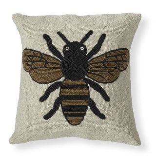 Handcrafted glass-bead bee square pillow with cream background and gold-black bee motif