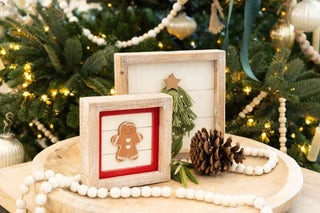 Wood frame sign set of 2, 5x5 inches, gingerbread figure in red frame plus whitewashed rustic frame with greenery.