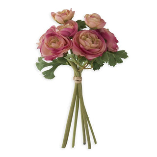 Pink ranunculus bouquet with flocked green stems, tied with twine