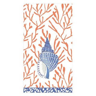 Guest towel napkin with coral branch pattern and blue seashell motif, blue bottom border.