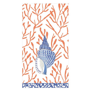 Guest towel napkin featuring coral-orange branch pattern and blue conch shell, navy bottom border