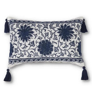 Rectangular blue and white embroidered mandala pillow with navy tassels