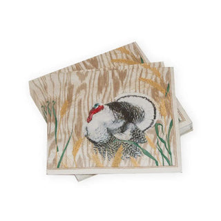 Pair of luncheon napkins featuring a turkey motif on taupe background with wheat stalk accents