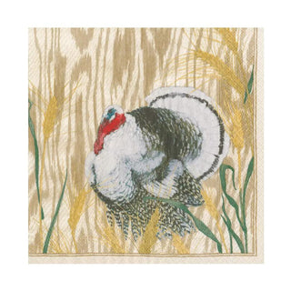 Luncheon napkin with Homestead Turkey Taupe motif; beige background with wheat stalks