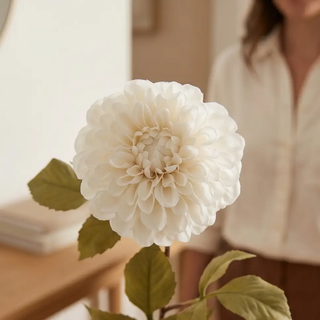 29-inch white dahlia stem, artificial flowering plant with green leaves